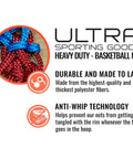 Heavy Duty Basketball Net Replacement For Indoor Or Outdoor Rims All Weather Anti Whip Standard Size With 12 Loops Red White And Blue Colorway Court Ready Gear For Everyday Pickup Games, showing durable polyester fibers and anti-whip technology.