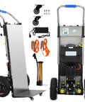 Top Tier Electric Stair Climbing Dolly For Heavy Duty Moving With 880 Lbs Capacity, 1200W Motor And Foldable Design showing dolly, wheels, battery, and accessories.