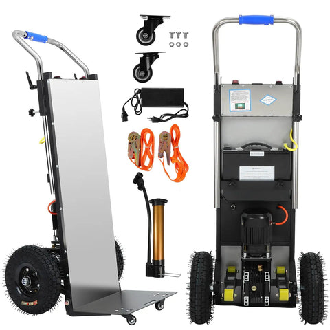 Heavy Duty Electric Dolly For Stairs With 881 Lbs Capacity, showcasing foldable motorized hand truck with accessories and wheels.