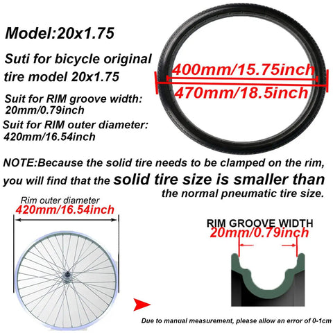 Diagram showing dimensions of Solid Airless Bike Tire 20x1.75 No Pump Needed Inflation Free Puncture Proof Anti Slip For Road BMX Kids