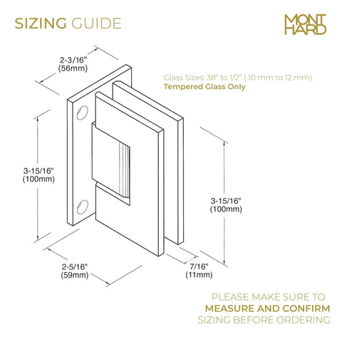 Sizing diagram for Heavy Duty Shower Door Hinge 90 Degree Matte Black Built To Handle Wider Glass Doors Up To 140 Lbs With Full Back Plate