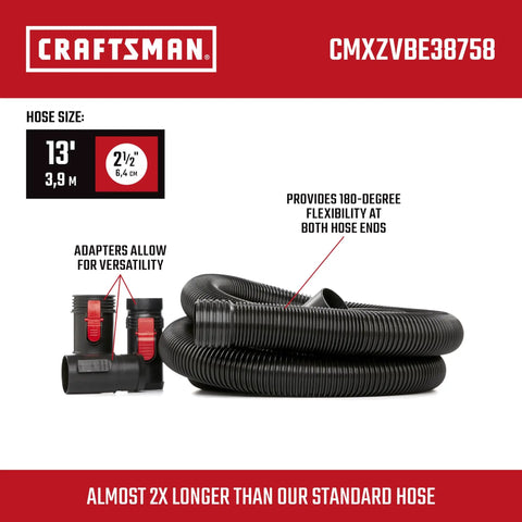 Two And A Half Inch Wet Dry Vac Hose Attachment Kit With POS-I-LOCK, 13 ft hose and adapters for shop vacuums shown.