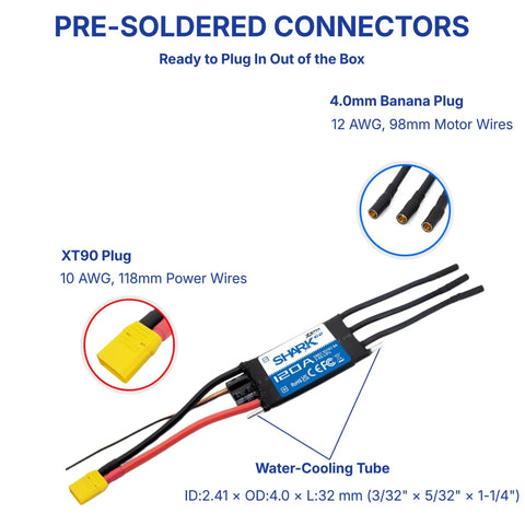Shark G2 120A ESC with built-in switching BEC 5V/6V, pre-soldered connectors, water-cooling tube, banana and XT90 plugs.