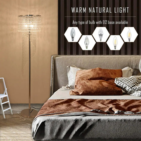Modern Chrome Floor Lamp With Crystal Lattice Shade 3 Light Tall Lamp At 59 Inches E12 Socket 110 To 120V UL Rated Plug On Off Switch Easy Assembly Glam Crystal Accents And Sleek Decor Ready For Living Room