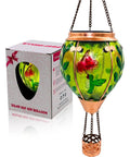 Glass Hot Air Balloon Solar Lantern with flame, hand-painted hummingbird, rustproof metal, on white background with box packaging