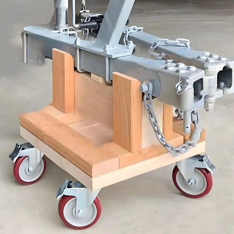 Bad Boy Heavy Duty 5 Inch Swivel Stem Casters 900 Lbs Capacity, mounted on wooden dolly with dual safety locks.