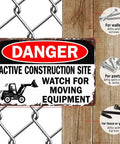 Funny Metal Sign Danger Active Construction Site Aluminum Sign 8x12 Inch with hanging instructions on chain link fence background