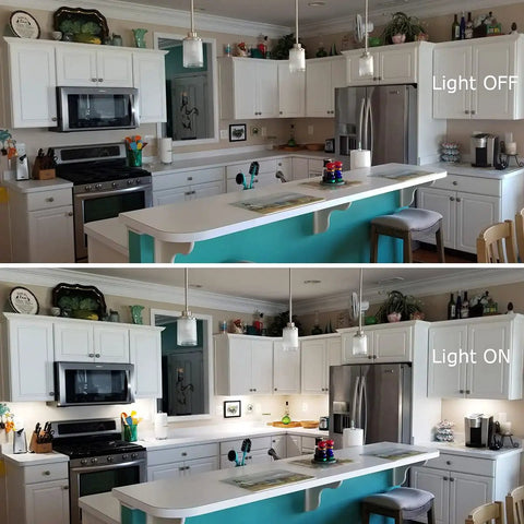 Under Cabinet LED Light Kit 3 Bar Set 1 Ft Each 20W 1000 Lumen Daylight White 5000K Dimmable lighting kitchen before after