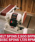 Six Inch Fortyeight Belt And Twelve Inch Disc Sander Combo featuring 1.5 HP motor, steel stand, and control panel for easy operation.