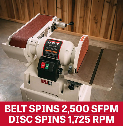 Six Inch Fortyeight Belt And Twelve Inch Disc Sander Combo featuring 1.5 HP motor, steel stand, and control panel for easy operation.