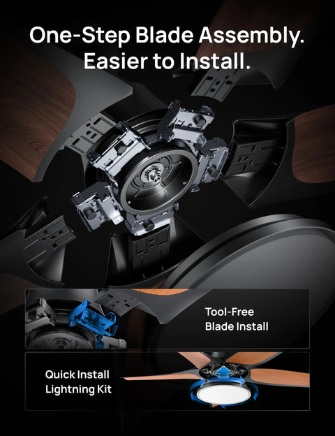 Close-up of the assembly mechanism of the Straight Premium 52 Inch Smart Rgbic Ceiling Fan With Totally Lit Dimmable Lights And App Control.