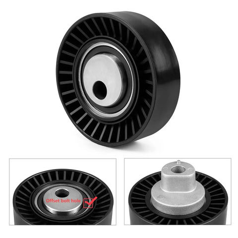 Keep Your BMW E46, E39, X5, And Z4 Running Smooth With This Durable Drive Belt Tensioner Pulley close-up, black metal, precise design.