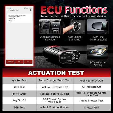 Bluetooth OBD2 Scanner With Full System Bidirectional Diagnostics OE Level Code Reader ECU Function 15 Plus Reset Services FCA AutoAuth All Software 1 Year Updates Works With iOS And Android showing ECU functions and actuation tests on device screen and scanner feature highlights