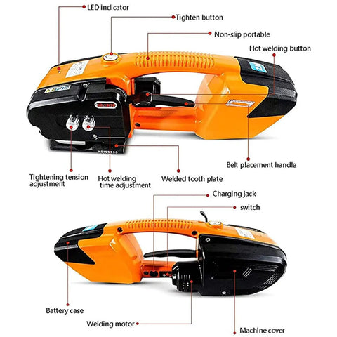 EUQKKWLOY Portable Electric Strapping Machine With 3000 Mah Battery For Pp Pet Welding Handheld Bale Press Tool Heavy Duty Strap Width 16mm features controls and design view.