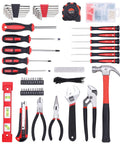 All In One 215 Piece Home Repair Tool Set With 12 Inch Wide Mouth Storage Bag A Real Workhorse For DIY Projects Heavy Duty Household Hand Tool Kit Red - various tools arranged