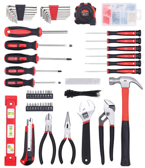 All In One 215 Piece Home Repair Tool Set With 12 Inch Wide Mouth Storage Bag A Real Workhorse For DIY Projects Heavy Duty Household Hand Tool Kit Red - various tools arranged