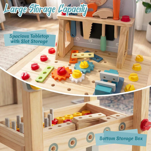 Wooden Kids Tool Bench Set With 86 Accessories Little Builder Workbench for Boys and Girls Aged 3 to 5 with storage compartments.