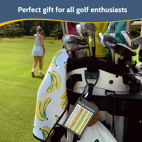 Credit Card Size Golf Yardage Card With Clip, Ultra Portable On Course Range Chart attached to golf bag during play