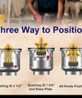 Brass router template bushing guide set, 13 pcs with centering cone, front illustration showing three positions
