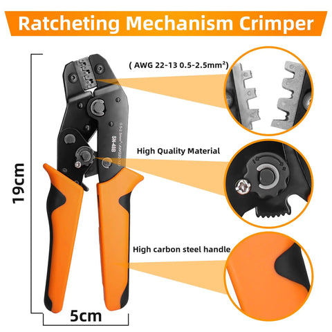 Ratcheting crimp tool from 709 Piece Waterproof Wire Connector Kit with ergonomic grip, high carbon steel, and detailed mechanism view.