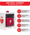Legit AED Defibrillator Wall Mount Cabinet With Heavy Duty Steel Body And Snappy Alarm Lock For Darn Quick Public Or Home Emergency Grab In Sharp White Enclosure, side view with red AED inside.
