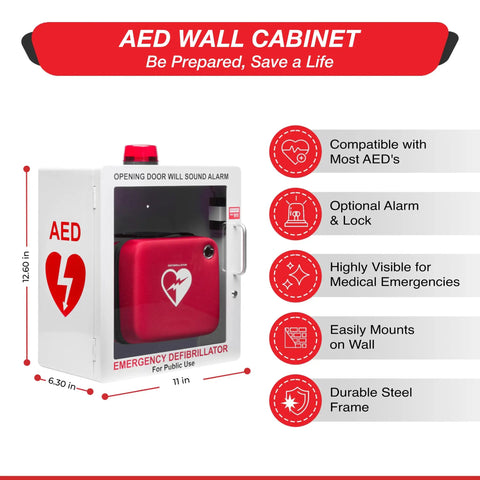 Legit AED Defibrillator Wall Mount Cabinet With Heavy Duty Steel Body And Snappy Alarm Lock For Darn Quick Public Or Home Emergency Grab In Sharp White Enclosure, side view with red AED inside.