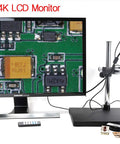 4K HDMI Microscope Camera Kit Pro Grade For Industry Lab And PCB Work, 180X C Mount Lens on stereo stand with 32 inch monitor
