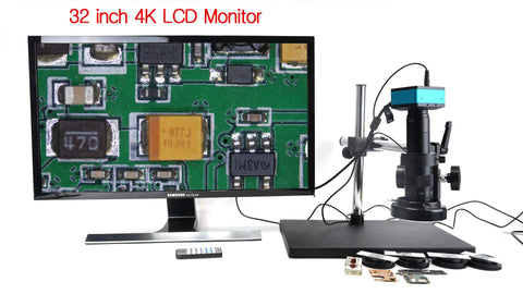 4K HDMI Microscope Camera Kit Pro Grade For Industry Lab And PCB Work, 180X C Mount Lens on stereo stand with 32 inch monitor