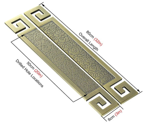 Oriental Style Barn Door Pull Handle With Install Fittings, Antique Look for Wood Glass Metal Doors, showing measurements