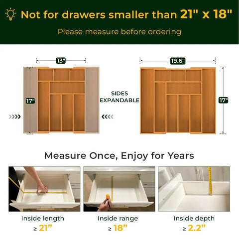 Carbonized Bamboo Expandable Kitchen Drawer Organizer, 13 To 19.6 Inches Wide, 10 Slot Silverware Tray With Removable Dividers