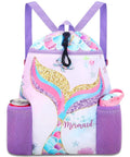Mermaid Swim Bag For Kids Drawstring Backpack with mermaid tail design, two water bottle holders