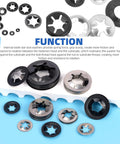 Glarks internal-tooth star lock washer set, 209 pcs, 9 sizes, 65Mn steel and 304 stainless, top view