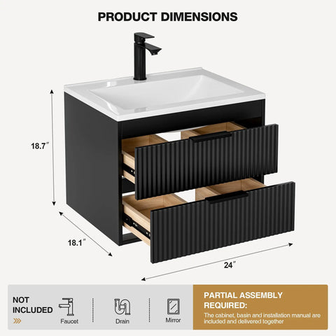 24 Inch Modern Mdf Bathroom Vanity With Sink Wall Mounted Floating Cabinet Featuring Smooth Glide Drawers And Matte Black Handles For A Top Shelf Bathroom Glow Up And Zero Clutter Setup