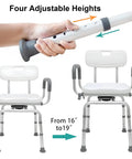 360 Degree Swivel Shower Chair With Armrests And Backrest, Portable Bath Seat showing adjustable height from 16 to19 inches