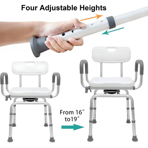 360 Degree Swivel Shower Chair With Armrests And Backrest, Portable Bath Seat showing adjustable height from 16 to19 inches