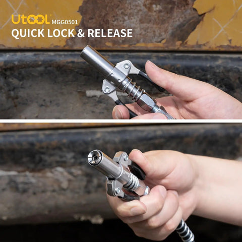 Close-up of patented double handle coupler from Heavy Duty 8000 PSI Pistol Grip Grease Gun Kit with 14 oz capacity and 18-inch hose
