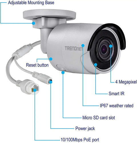 Indoor Outdoor 4MP H265 PoE Bullet Network Camera With 120dB WDR IP67 Weatherproof Housing All Weather Ready Covert IR Night Vision Up To 98 Feet MicroSD Card Slot Up To 128GB White TV IP1314PI showing lens and ports.