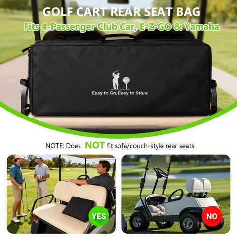 Golf Cart Storage Bag And Accessories For 2 Plus 2 Seats Heavy Duty Cargo Box With Strong Buckles And Adjustable Straps Fits Yamaha, Club Car, EZGO, Kandi And More No Drill Design Bag Only Weather Resistant on a golf cart