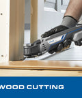 Cordless 20V Max Lithium Ion Oscillating Multi Tool Kit cutting doorframe wood with two batteries, charger, dust adapter.