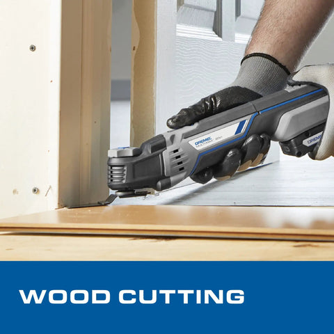 Cordless 20V Max Lithium Ion Oscillating Multi Tool Kit cutting doorframe wood with two batteries, charger, dust adapter.