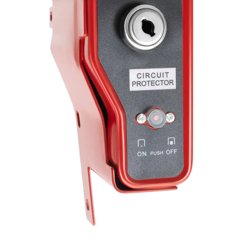 Close-up of key switch box in Honda GX340 GX390 Electric Start Kit with circuit protector, red casing, and on-off switch