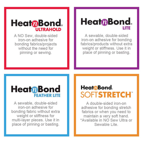 Image showing various HeatnBond iron-on adhesives, including UltraHold Iron On Adhesive Value Pack 17 Inches By 5 Yards White No Sew Bond.