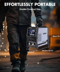 Man carrying Beefy 50 Amp Plasma Cutter With Dual Voltage 110V To 220V, Large LED Screen Display, 0.5 Inch Cut Capacity in workshop