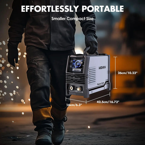 Man carrying Beefy 50 Amp Plasma Cutter With Dual Voltage 110V To 220V, Large LED Screen Display, 0.5 Inch Cut Capacity in workshop