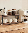 Rustic Wooden Coffee Station Organizer And Two Tier Mug Holder For Countertop Display with mugs and coffee accessories