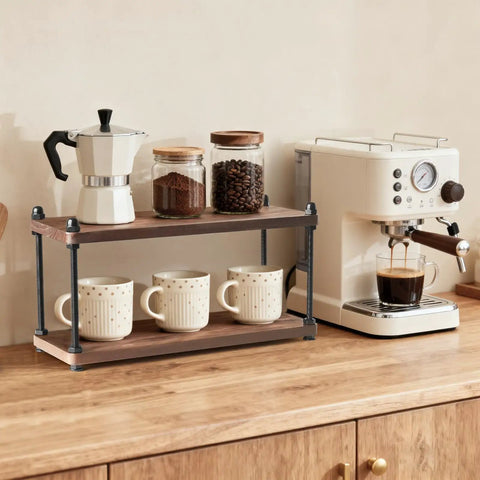 Rustic Wooden Coffee Station Organizer And Two Tier Mug Holder For Countertop Display with mugs and coffee accessories