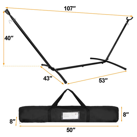 Portable 9 Foot Two Person Hammock Stand Built Tough Steel Frame Supports Up To 620 Lbs Static Capacity Weather Resistant Black shown with carry case
