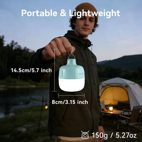 Person holding 20W LED Camping Lantern Rechargeable, 1200LM Output, 3000mAh Battery; tent in background, evening setting.