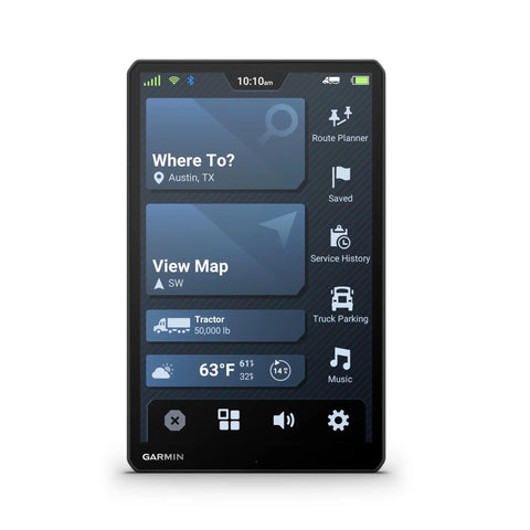 OTR1020 Renewed 10-Inch GPS Truck Navigator with high-res screen showing route planner interface and map options.
