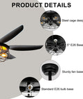 52 Inch Farmhouse Ceiling Fan With Light And Remote, Black Industrial Ceiling Fan, Detail of Caged Light Fixture and Fan Base